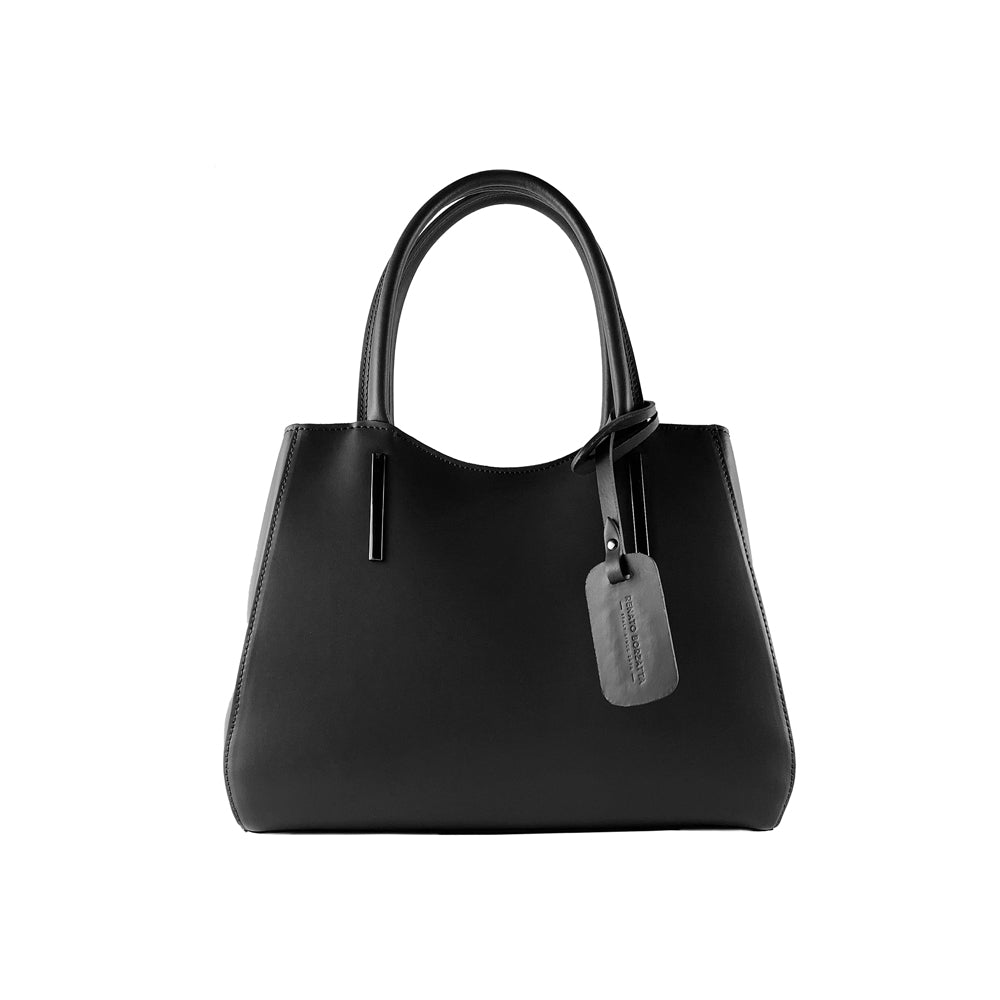 RB1004A | Genuine Leather Handbag Made in Italy with Removable Shoulder Strap and Gunmetal Metal Snap Hook Attachments - Black Color - Dimensions: 33 x 25 x 15 cm + Handles 13 cm