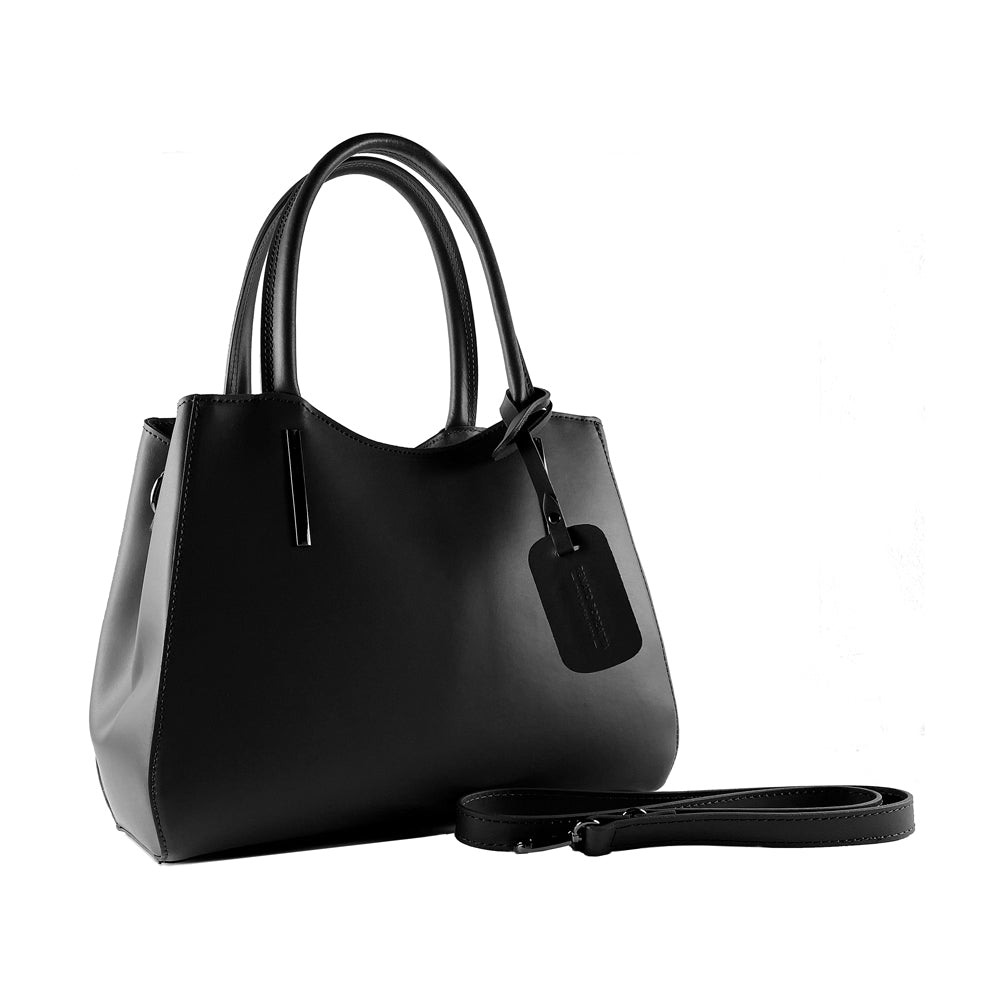 RB1004A | Genuine Leather Handbag Made in Italy with Removable Shoulder Strap and Gunmetal Metal Snap Hook Attachments - Black Color - Dimensions: 33 x 25 x 15 cm + Handles 13 cm