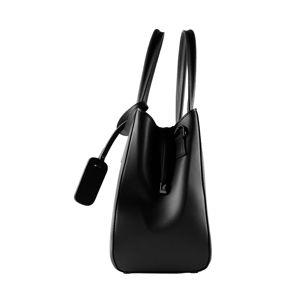 RB1004A | Genuine Leather Handbag Made in Italy with Removable Shoulder Strap and Gunmetal Metal Snap Hook Attachments - Black Color - Dimensions: 33 x 25 x 15 cm + Handles 13 cm