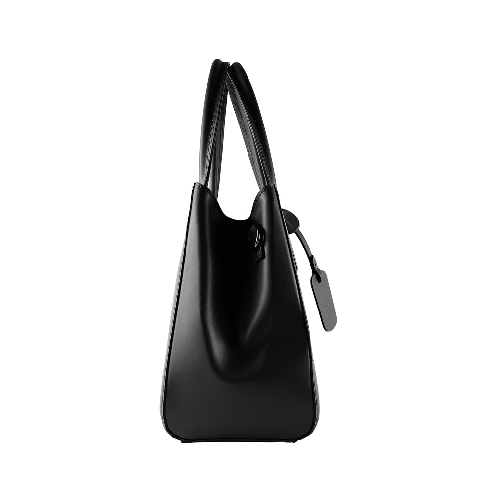 RB1004A | Genuine Leather Handbag Made in Italy with Removable Shoulder Strap and Gunmetal Metal Snap Hook Attachments - Black Color - Dimensions: 33 x 25 x 15 cm + Handles 13 cm