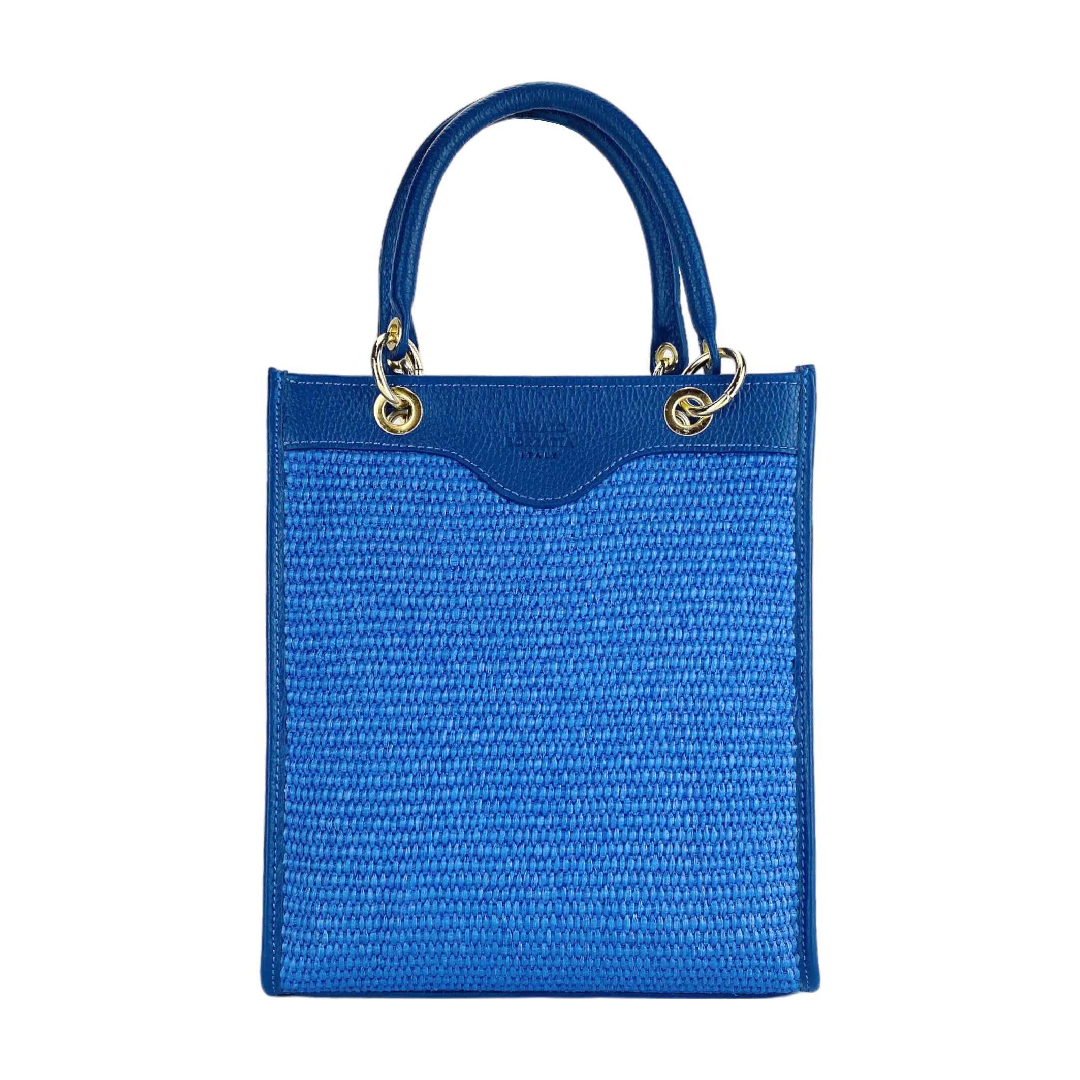 RB1026CH | Women's Vertical Handbag in Genuine Leather and Straw Made in Italy. Removable and adjustable leather shoulder strap. Polished Gold Accessories - Royal Blue Color - Dimensions: 24 x 29 x 9 cm